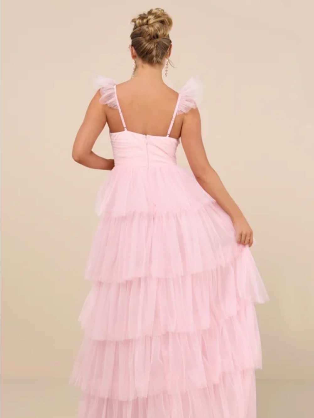 NWT! Lulus Fabulous Poise Light Pink Tulle Ruffled Tiered Maxi Dress. XXS - Picture 2 of 8